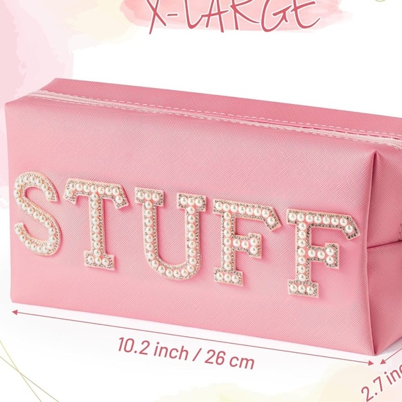 Pearl Rhinestone Stuff Letter Pink Patch Makeup Bag Extra Large Cosmetic Pouch - Picture 5 of 7